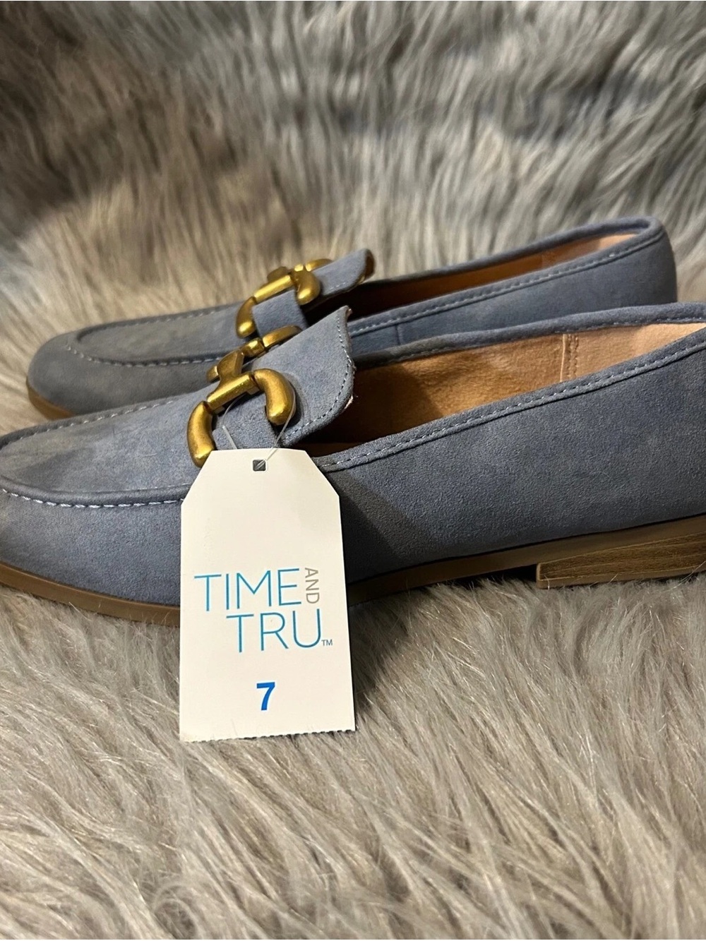 Time and Tru Women's Light Blue Suede Loafers with Gold Buckle